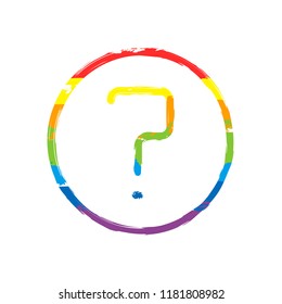 Simple question in circle. Linear, thin outline. Drawing sign with LGBT style, seven colors of rainbow (red, orange, yellow, green, blue, indigo, violet