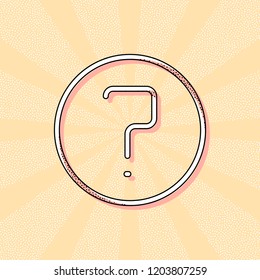 Simple question in circle. Linear, thin outline. Vintage retro typography with offset printing effect. Dots poster with comics pop art background