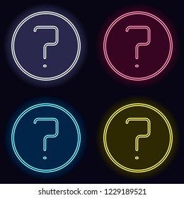 Simple question in circle. Linear, thin outline. Set of neon sign. Casino style on dark background.