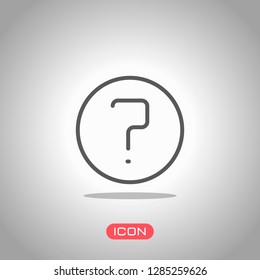 Simple question in circle. Linear, thin outline. Icon under spotlight. Gray background