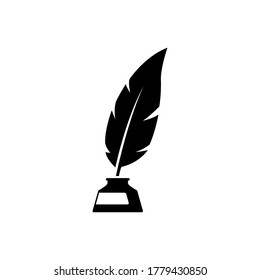 Simple quill and Inkwell icon. Feather pen with inkpot logo. Vector illustration.