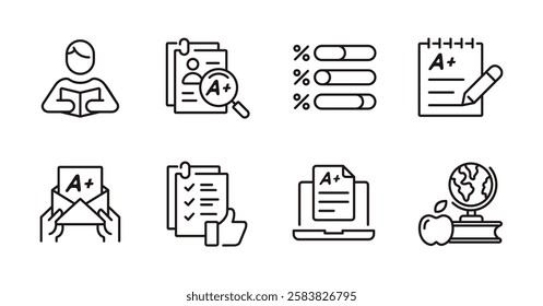 simple quiz test score icon line set school exam study evaluation pass grade score signs vector outline illustration 