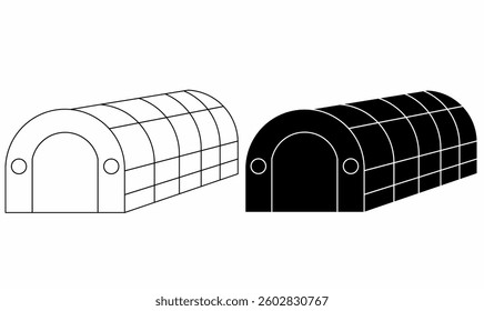 Simple Quonset hut or greenhouse vector icons in outline and solid style. Perfect for military, storage, agriculture, greenhouse, and industrial projects