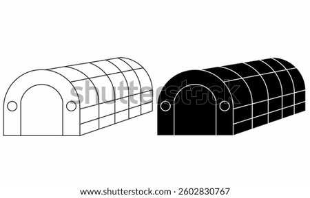 Simple Quonset hut or greenhouse vector icons in outline and solid style. Perfect for military, storage, agriculture, greenhouse, and industrial projects