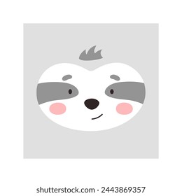 Simple raccoon portrait. Cute animal head portrait, kawaii raccoon face flat illustration