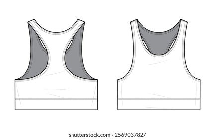 Simple Racerback Sports Bra technical fashion illustration. Sports bra vector template illustration. Front and back view. Slim fit. Scoop neckline. Activewear. White color. CAD mockup set.