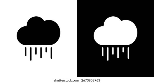 Gráfico simple del icono de la nube de la lluvia, mostrado en blanco y negro, aislado en ambos fondos blancos y negros.