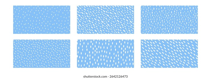 Simple rain pattern Set. Small dash. Seamless Pattern of white water drops on blue background. Vector illustration.