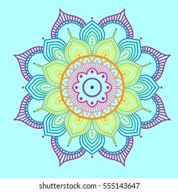 Simple Rainbow Abstract Mandala On Blue Background, Ethno Motive, Vector Illustration, Eps 10