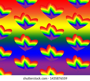 Simple rainbow heart pattern vectors on a rainbow gradient background. The rainbow hearts symbolizes lgbt love and freedom to love who they want. Gay pride. 