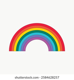 Simple rainbow illustration with seven vibrant colors in an arc. Bright rainbow design on a plain background. Rainbow art with colorful stripes. Vector isolated on white.