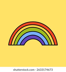 Ilustração simples em arco-íris com cores vibrantes em um fundo amarelo. Design em arco-íris com arcos vermelhos, laranja, amarelos, verdes, azuis e roxos. Arte com arco-íris brilhante. Vetor de ilustração bonito.