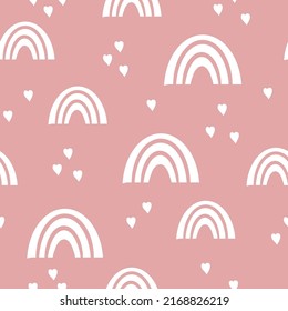 Simple rainbow pattern. cute white rainbows and hearts.  pink  background. fashionable print for children's textiles, wallpaper and packaging.