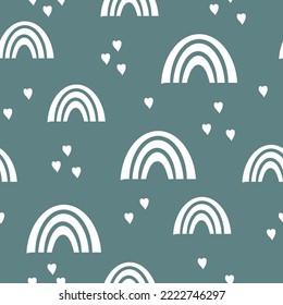 Simple rainbow pattern in scandinavian style. cute white rainbows and hearts. blue background. fashionable print for children's textiles and wallpaper.