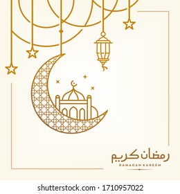 simple ramadan Kareem arabic caligraphy vector , Eid Mubarak Greeting Line icon minimal and simple vector design with mosque Glowing Lantern and hanging crescent moon star for background and Banner