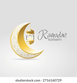 Fondo simple de Ramadán Kareem con media luna 3D y linterna en color blanco y dorado Ideal para el post de redes sociales, Anuncio o diseño de carteles