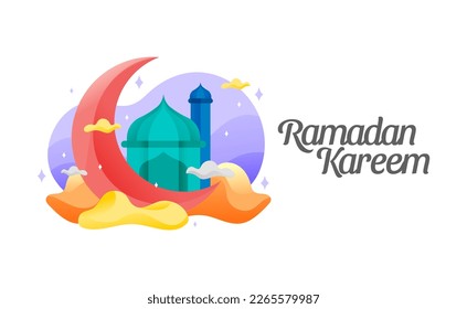 Simple Ramadan Kareem Colorful Illustration With Mosque and Crescent Moon On Clouds Banner Concept