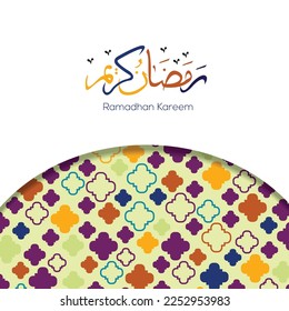 Simple ramadan kareem design with Arabic calligraphy, with a round pattern at the bottom, flat design. vector illustration