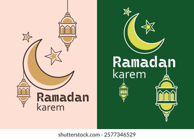 Simple Ramadan Kareem greeting card featuring crescent moon, stars, and traditional lanterns. Ideal for Ramadan greetings.