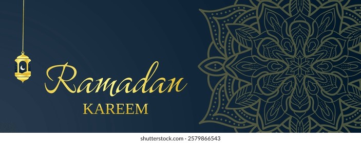 Simple ramadan kareem islamic banner design with mandala and lantern