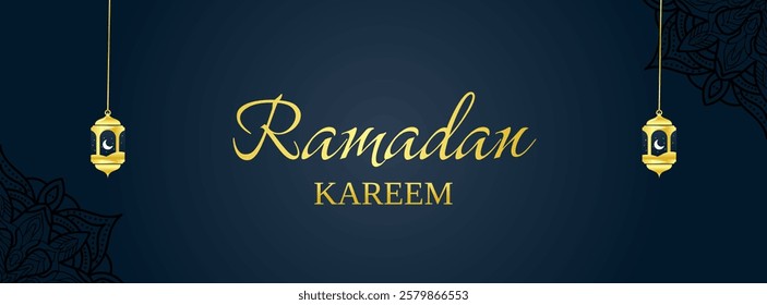 Simple ramadan kareem islamic banner design with mandala and lantern