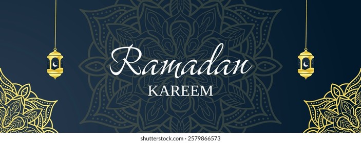 Simple ramadan kareem islamic banner design with mandala and lantern
