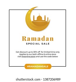 simple ramadan sale background template design. mosque in the crescent moon vector illustration with square line frame and typography text.