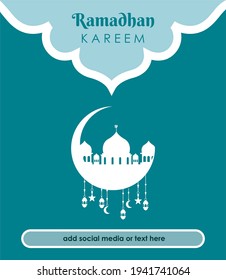 A simple Ramadan theme design with a green background and a white mosque image for social media, banners, flayers and leaflets