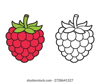 Página de coloração de framboesa simples para crianças. Simples fruta de desenho animado com exemplo colorido e contorno para criança e pré-escola 