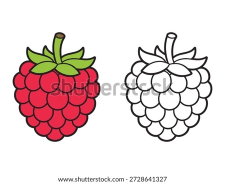 Simple Raspberry Coloring Page for Kids. Simple cartoon fruit with Colored Example and Outline for toddler and preschooler 