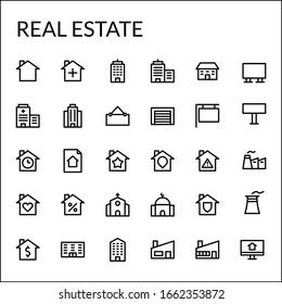 Simple Real Estate Icon Set With Line Style Contain Such Icon as Home, Building, Office, Sign, Industry, Factory, Church, Mosque, Garage, and more. 48 X 48 Pixel Perfect