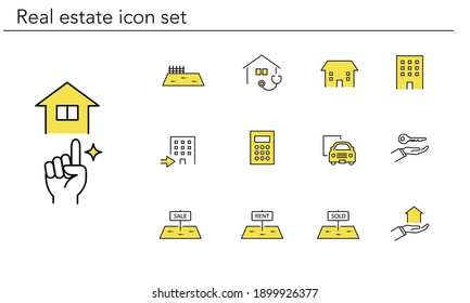 conjunto de iconos de propiedad inmobiliaria simple,color amarillo y gris,ilustración vectorial