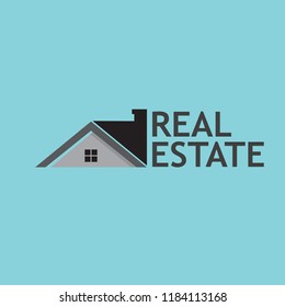 A simple real estate logo featuring a house roof with a chimney and window, next to bold text reading “REAL ESTATE” on a light blue background.
