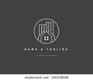 Simple real estate logo of house or home with buildings in a circle