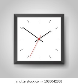 Simple realistic Clock in squre black frame on light gray background. Watch on the wall. Vector design object