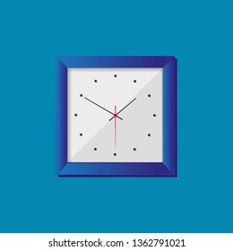 Simple realistic clock in squre blue frame on blue background. Watch on the wall. Vector illustration EPS 10.
