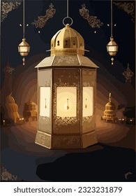Simple and Realistic Eid Al Adha Template with kaba and lantern vintage style