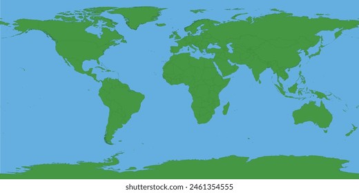 Simple, realistic full world map with islands and all countries in green and oceans in blue