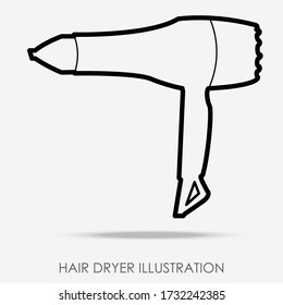 Simple realistic hair dryer flat illustration for business, black outline and shadow. Hairdresser equipment. Eps 10 vector