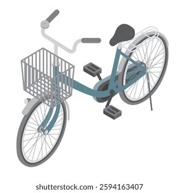 A simple and realistic isometric illustration of a bicycle. Designed as a typical city cycle with a front basket. Useful for transportation, commuting, and bicycle-related designs.