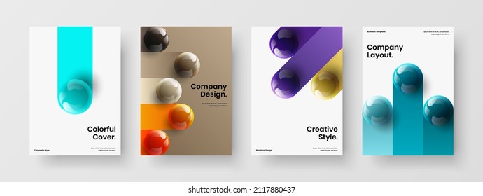 Simple realistic spheres front page concept collection. Isolated company identity A4 vector design template set.