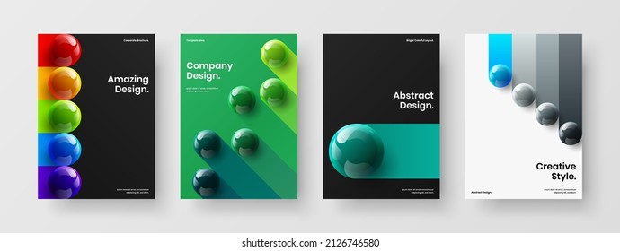 Simple realistic spheres journal cover illustration collection. Geometric brochure vector design layout composition.