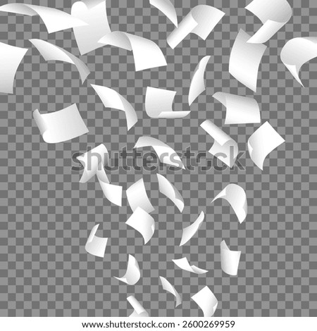 Simple realistic vector of falling white blank papers on transparent background.