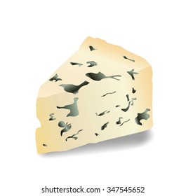 Simple, realistic white roquefort illustration, front view of a triangular gorgonzola or stilton on a transparent background