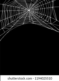 Simple Realistic White Spider Web Vector Illustration. Simple White Cobweb Isolated on a Black Background. Lovely Halloween Vector Layout . Irregular White Cobweb Shape. No Text.