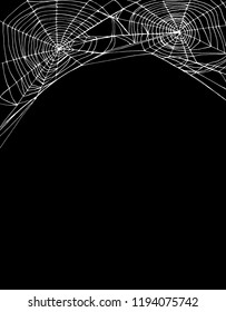 Simple Realistic White Spider Web Vector Illustration. Simple White Cobweb Isolated on a Black Background. Lovely Halloween Vector Layout. Irregular Double Cobweb Vector Art. No Text.