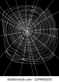 Simple Realistic White Spider Web Vector Illustration. Simple White Cobweb Isolated on a Black Background. Lovely Halloween Vector Layout. Irregular White Cobweb Shape. 