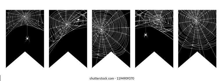 Simple Realistic White Spider Web Vector Bunting Flags. Halloween Vector Garland. White Cobweb on a Black Background. Realistic Cobweb with Spiders. Scary Spiderweb Motif Halloween Vector Decoration.