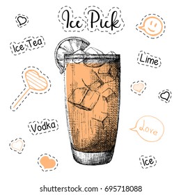 Simple recipe for an alcohol cocktail Ice Pick. Vector illustration of a sketch style.