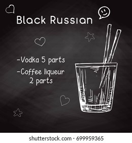 Simple recipe for an alcoholic cocktail Black Russian. Drawing chalk on a blackboard. Vector illustration of a sketch style.
